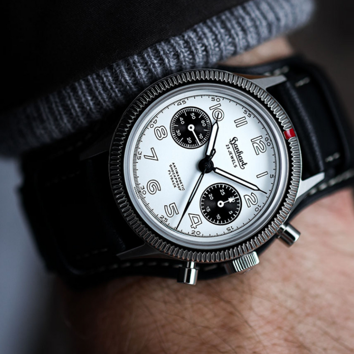 HANHART 417 ES 1954 FLYBACK PANDA 39 PIONEER H701.201-7010 CHRONOGRAPH LEATHER MEN WATCH