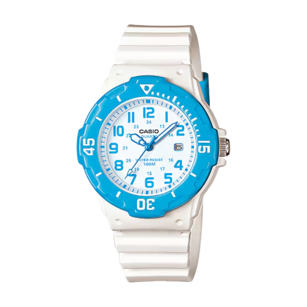 Casio LRW-200H-2BVDF blue dial kids' analog watch with rotating bezel front view
