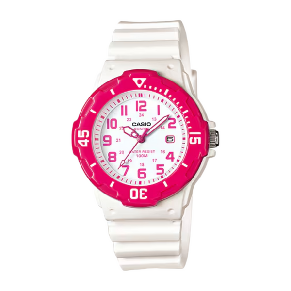 Casio LRW-200H-4BVDF kids' watch with white dial, pink accents, resin case and rotating bezel for young girls