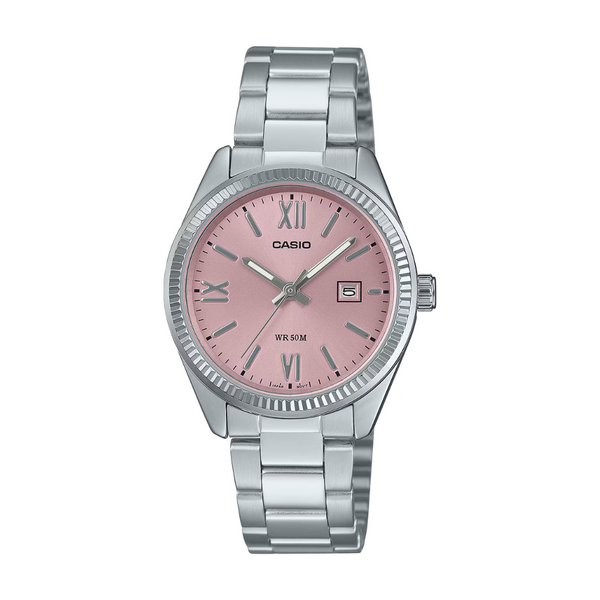 Casio LTP-1302DD-4A1VDF pink sunray dial stainless steel date display 3-year battery 50m
