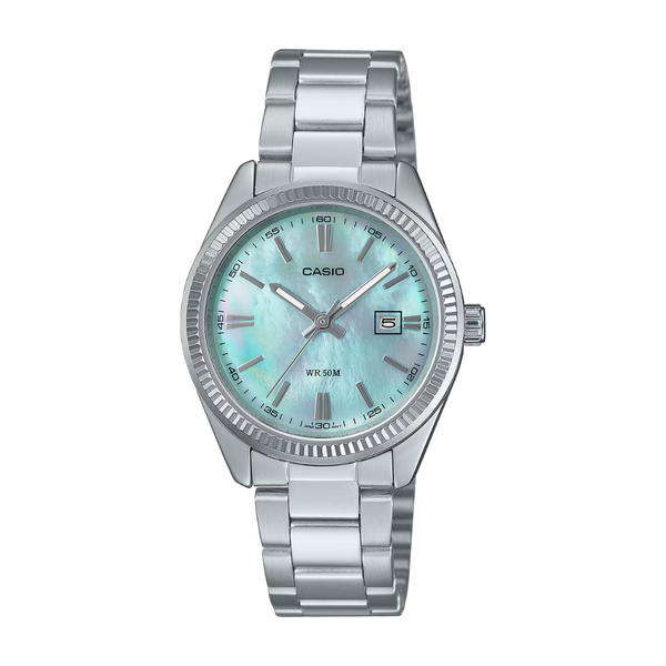 Casio LTP-1302DS-2AVDF mother of pearl dial stainless steel date display 3-year battery 50m
