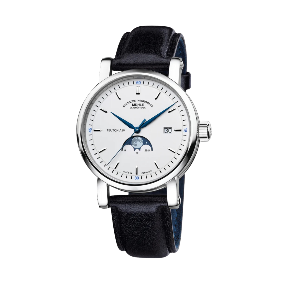 MÜHLE-GLASHÜTTE TEUTONIA IV MOONPHASE M1-44-05-LB AUTOMATIC BLACK LEATHER STRAP MEN WATCH