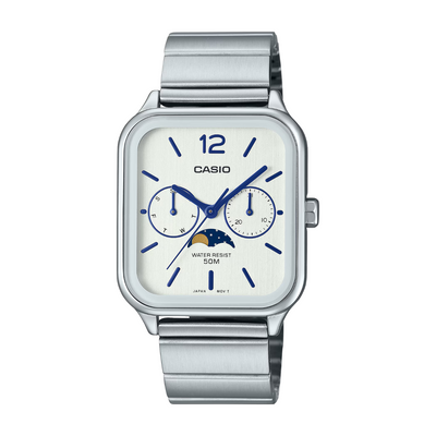Casio MTP-M305D-7AVDF analog moon phase date day 34mm silver-white dial stainless steel