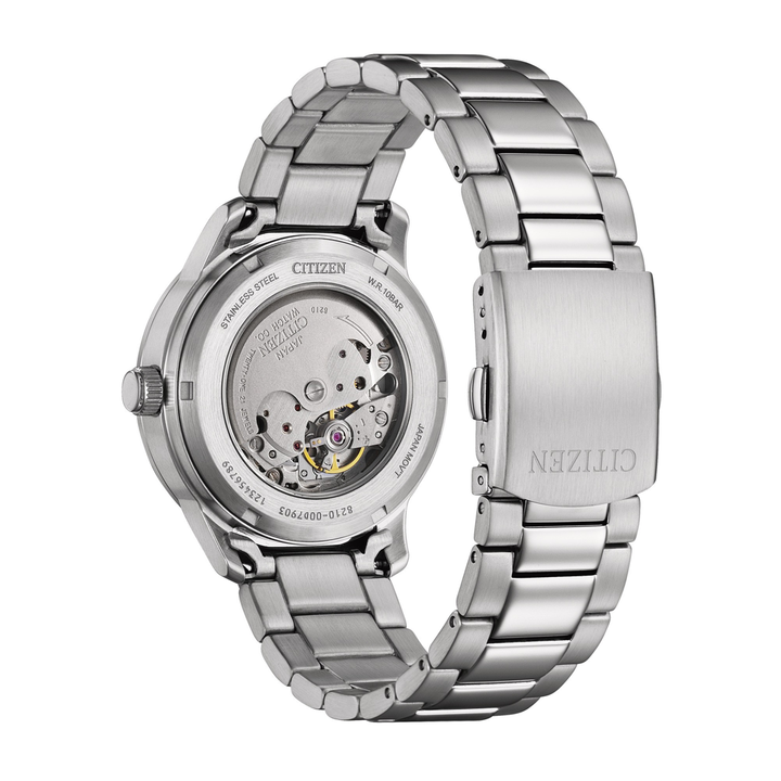 Citizen NJ0191-83L automatic watch exhibition case back showing Caliber 8210 mechanical movement