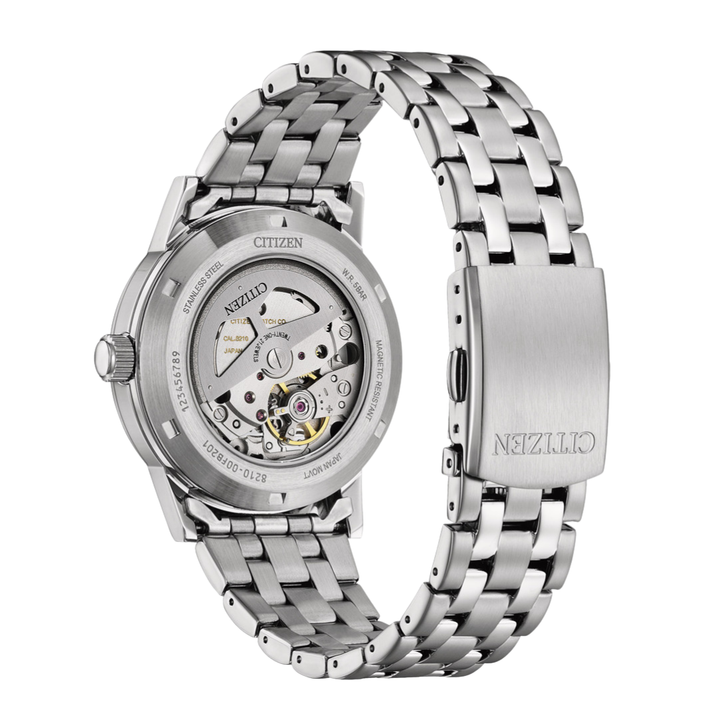 Citizen NJ0210-56A mechanical automatic exhibition case back showing movement 50M water resistant