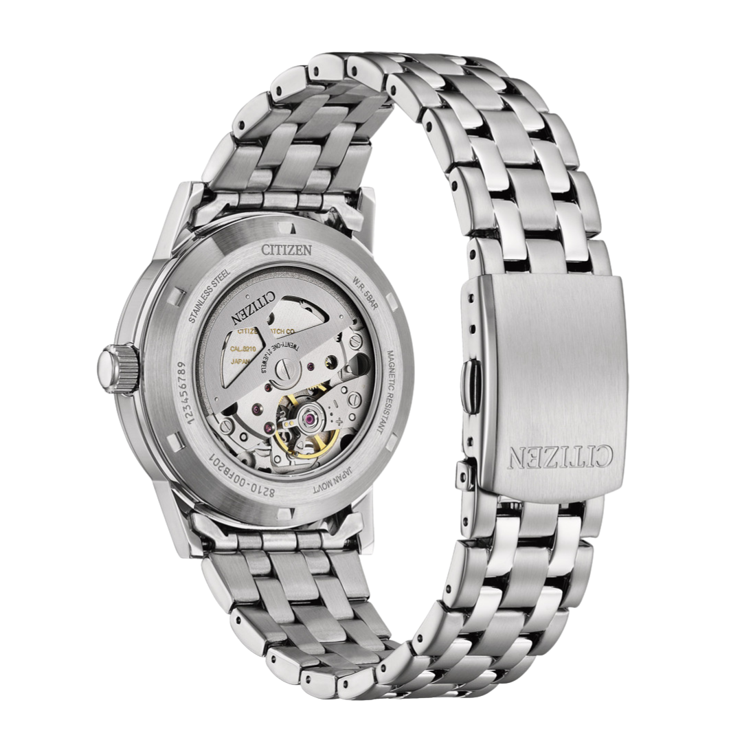 Citizen NJ0210-56M mechanical automatic exhibition case back showing movement 50M water resistant