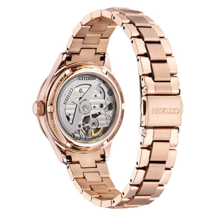 Citizen PC1017-96W Sakura automatic exhibition case back showing 21-jewel mechanical movement