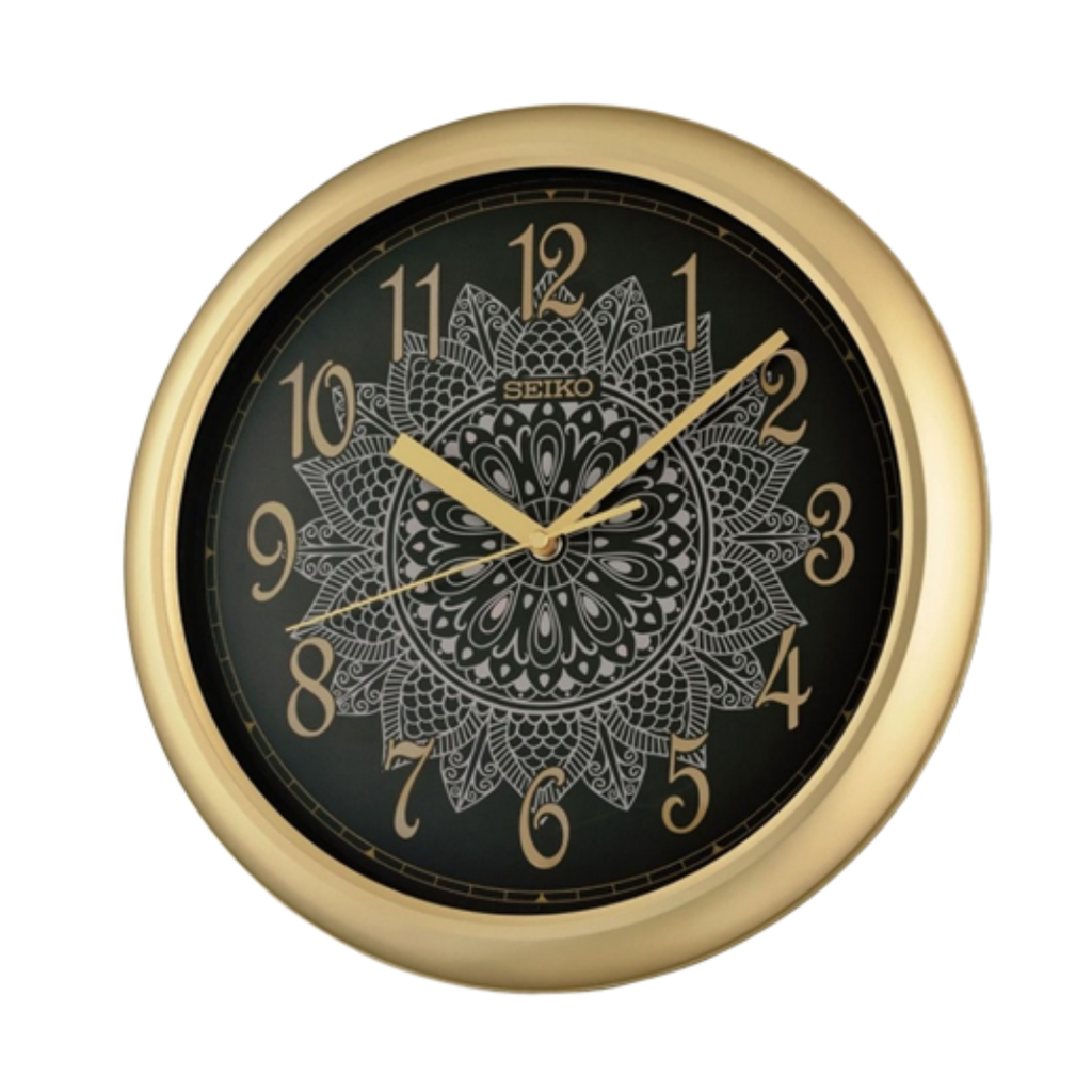 Seiko QHA018G Gold Black Wall Clock | Mandala Dial & Quiet Sweep