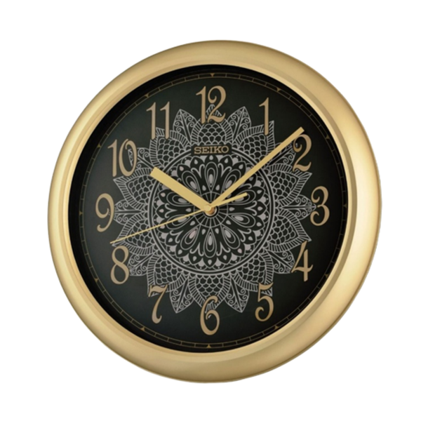 Seiko QHA018G Gold Black Wall Clock | Mandala Dial & Quiet Sweep