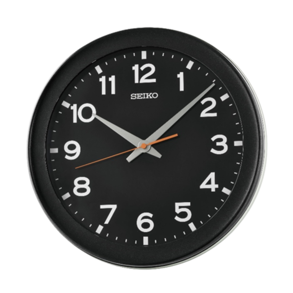 Seiko QXA835K Black Wall Clock | Orange Second Hand & Quiet Sweep
