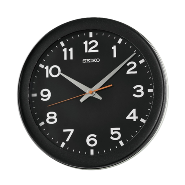 Seiko QXA835K Black Wall Clock | Orange Second Hand & Quiet Sweep