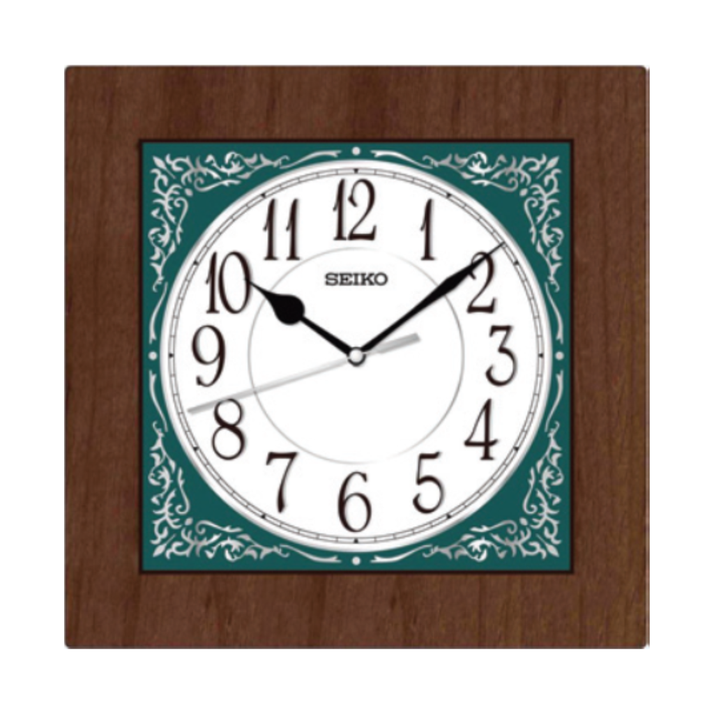 Seiko QXA864B Brown Square Wall Clock | Green Dial & Quiet Sweep