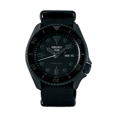 Seiko 5 Sports SRPD79K1 stealth black automatic with matte black case and nylon strap