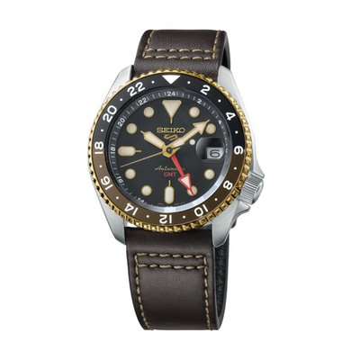 Seiko 5 Sports SSK036K1 GMT black dial brown leather 4R34 automatic dual-time 100m