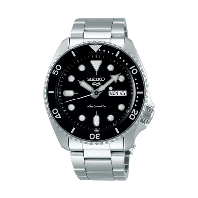 Seiko 5 Sports SRPD55K1 automatic watch with black dial and stainless steel bracelet
