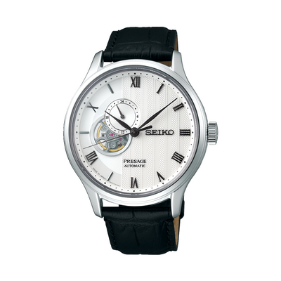 Seiko Presage SSA379J1 Zen Garden automatic watch with white textured dial and black leather strap