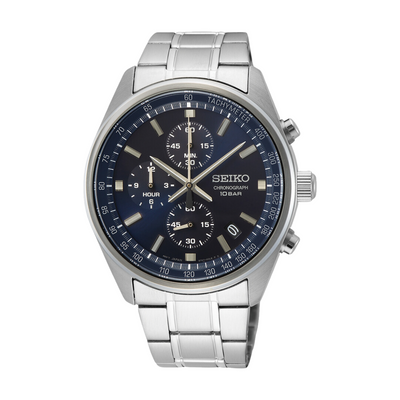 Seiko Chronograph SSB377P1 quartz men's watch with blue dial and stainless steel bracelet