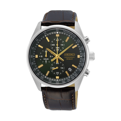 Seiko Chronograph SSB385P1 quartz men's watch with green dial and brown leather strap