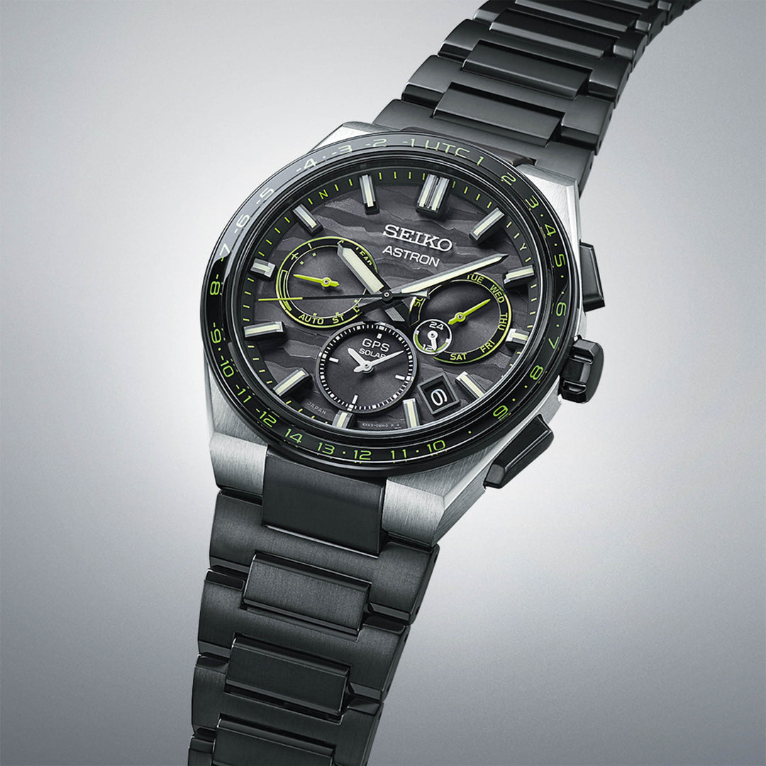 SEIKO ASTRON SSH139J1 CYBER YELLOW GPS SOLAR 5X DUAL TIME LIMITED EDITION MEN WATCH