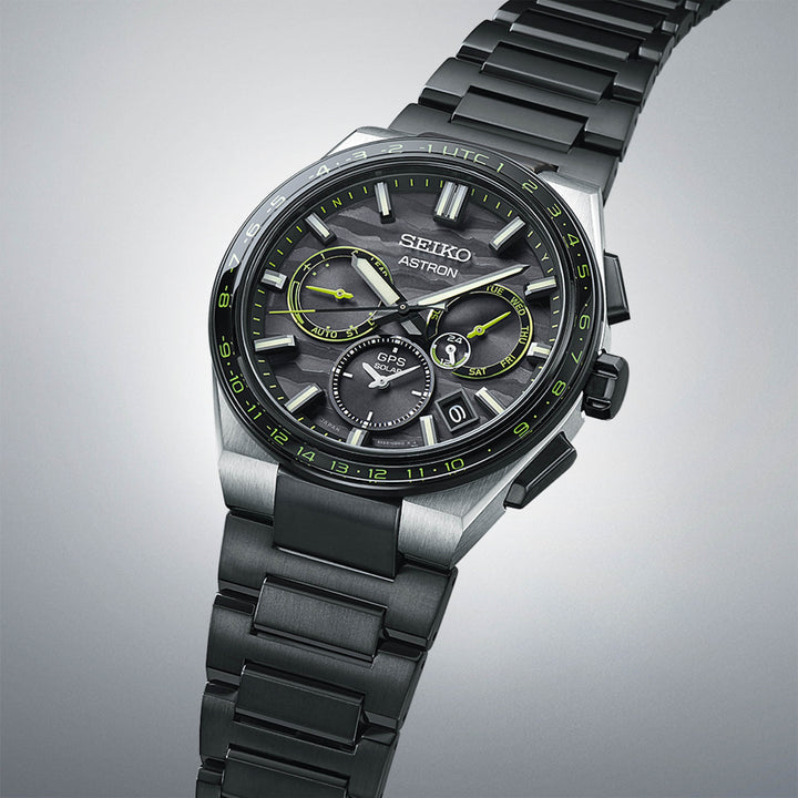 SEIKO ASTRON SSH139J1 CYBER YELLOW GPS SOLAR 5X DUAL TIME LIMITED EDITION MEN WATCH