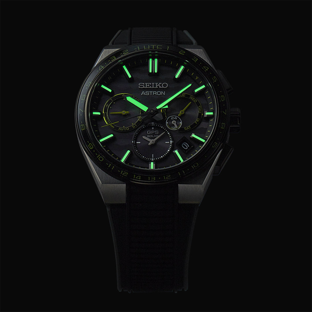 SEIKO ASTRON SSH139J1 CYBER YELLOW GPS SOLAR 5X DUAL TIME LIMITED EDITION MEN WATCH