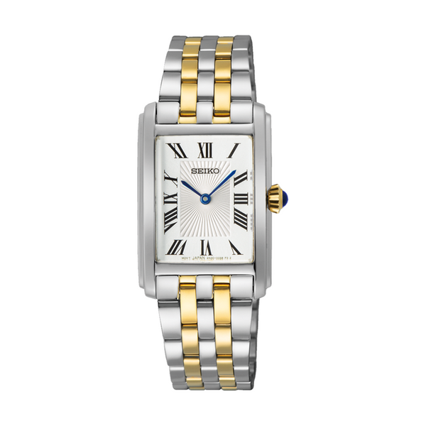 Seiko SWR087P1 two-tone stainless steel women’s quartz watch with white Roman numeral dial.