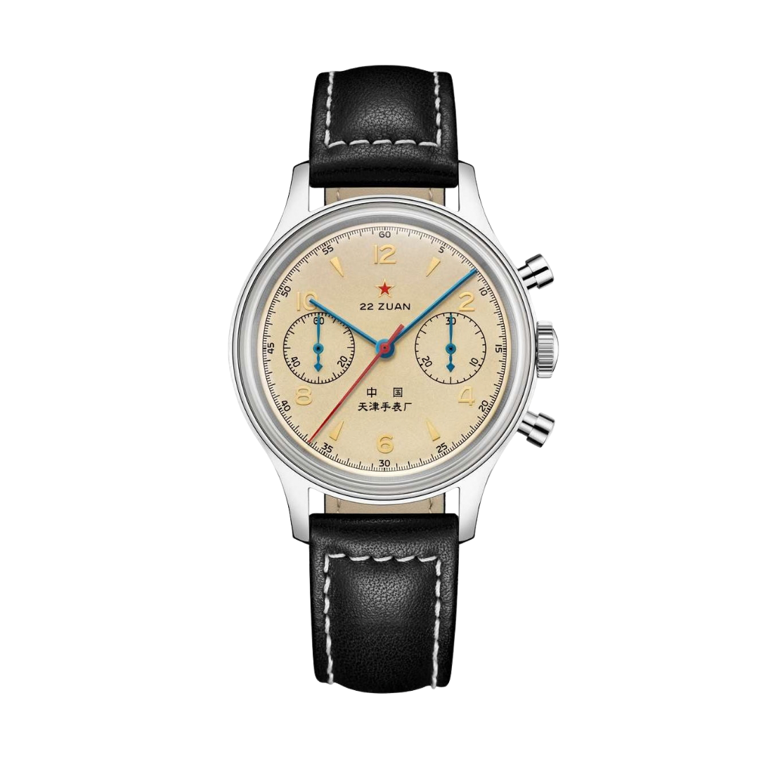seagull 1963 chronograph mechanical in beige dial and black leather strap men watch front view