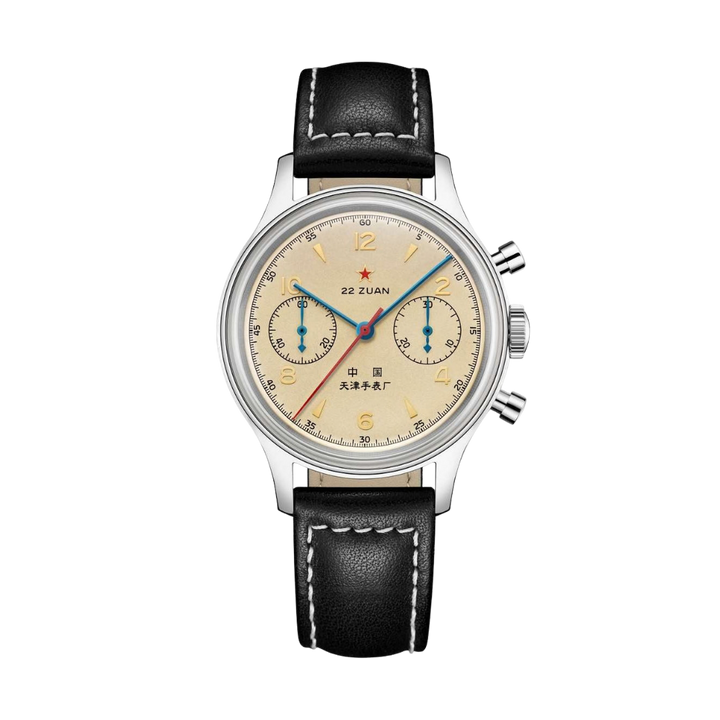 seagull 1963 chronograph mechanical in beige dial and black leather strap men watch front view