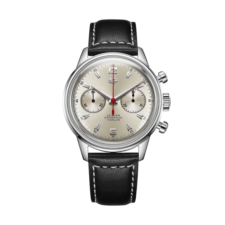 seagull 1963 sky voyage chronograph mechanical in beige dial and black leather strap men watch front view