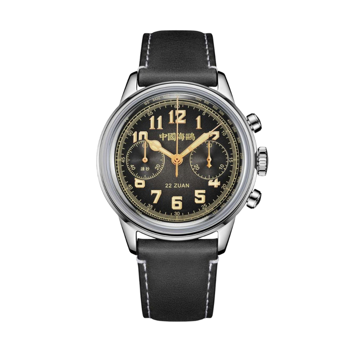 seagull 1963 wind chaser chronograph mechanical in black dial and black leather strap men watch front view