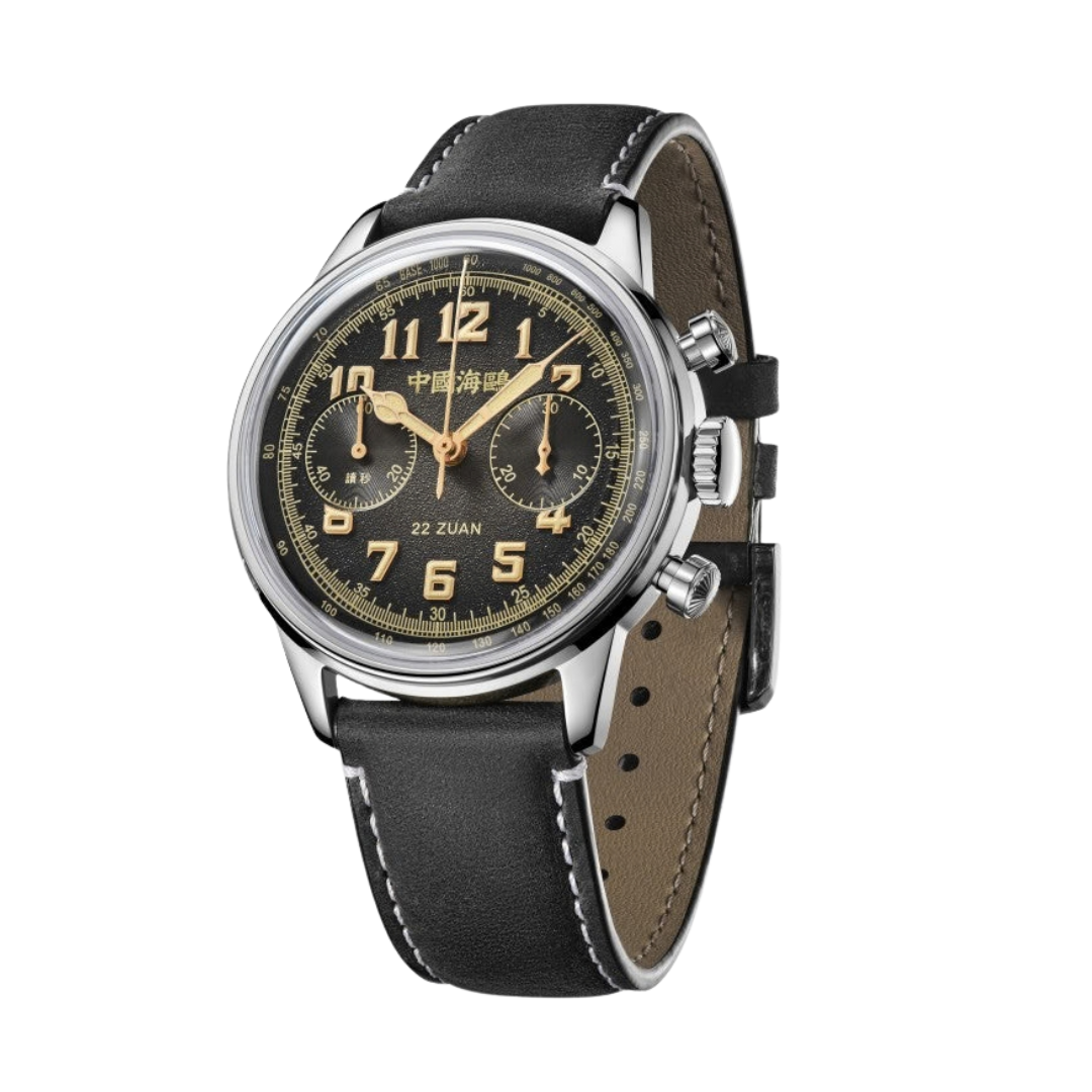 SEAGULL 1963 "WIND CHASER" CHRONOGRAPH MECHANICAL BLACK LEATHER MEN WATCH 819.23.2023