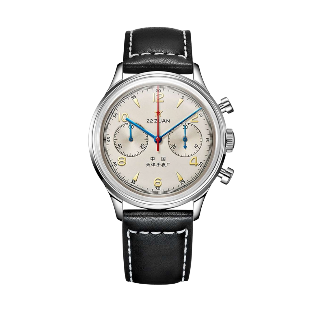 seagull 1963 chronograph mechanical in white dial and black strap leather men watch front view