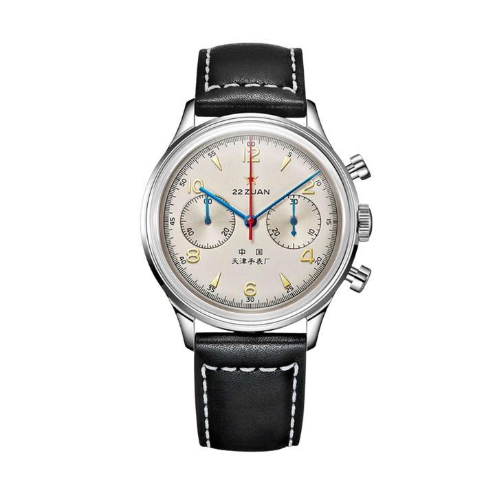 seagull 1963 chronograph mechanical in white dial and black strap leather men watch front view