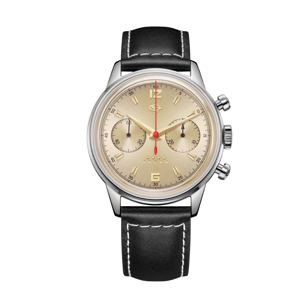 seagull 1963 chronograph mechanical in champagne dial and black leather strap men watch front view