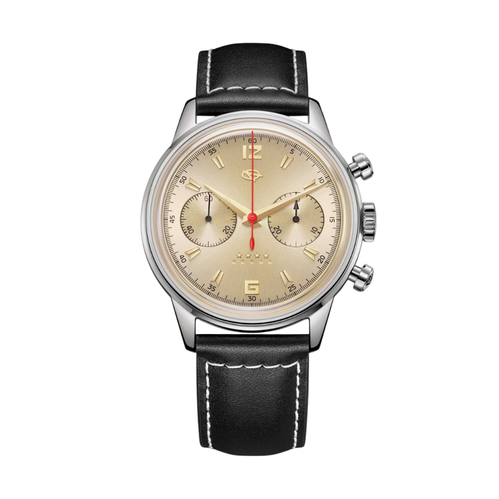 seagull 1963 chronograph mechanical in champagne dial and black leather strap men watch front view