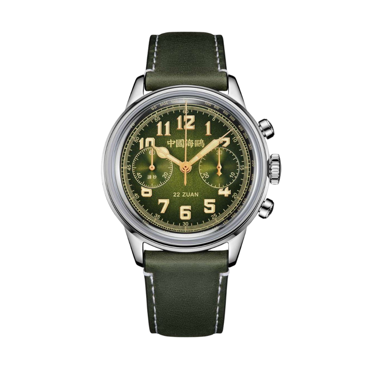 seagull 1963 chronograph mechanical in green dial and green leather strap men watch front view 