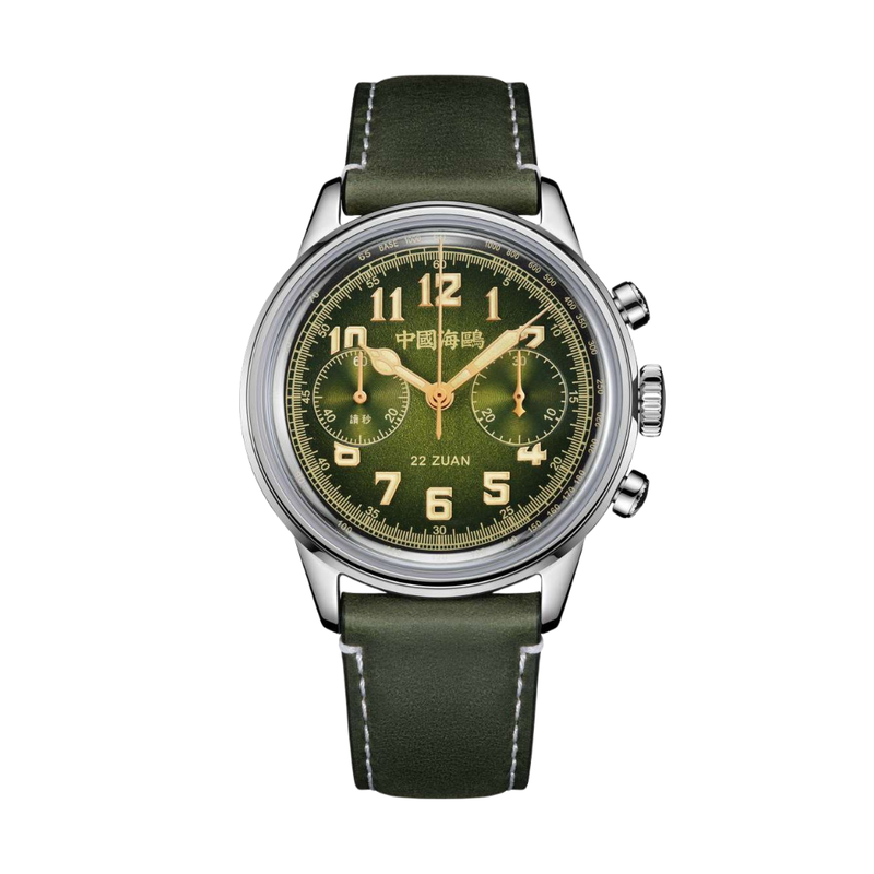 seagull 1963 chronograph mechanical in green dial and green leather strap men watch front view 