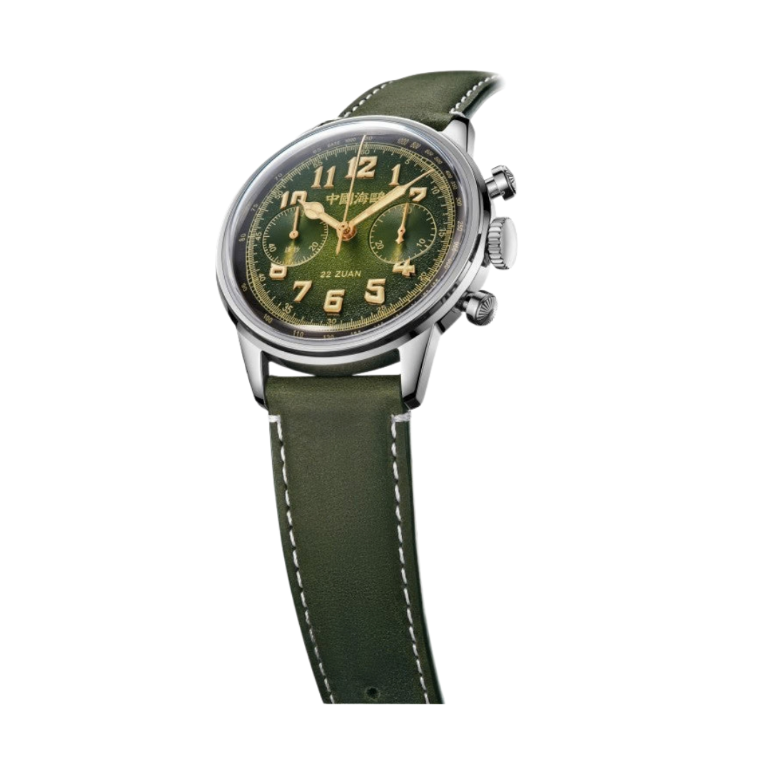 SEAGULL 1963 "WIND CHASER" CHRONOGRAPH MECHANICAL GREEN LEATHER MEN WATCH 819.93.2023