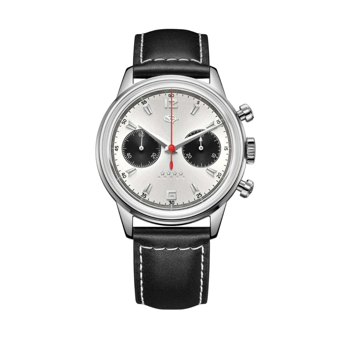 seagull 1963 panda edition chronograph mechanical in white dial and black leather strap men watch front view 