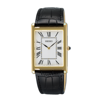 Seiko Conceptual SWR104P1 quartz men's watch with gold-tone case, white Roman dial and leather strap
