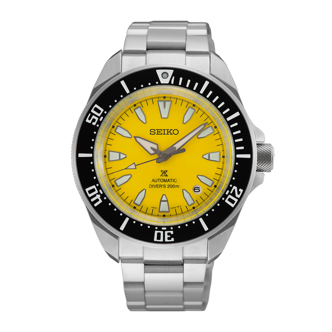 seiko prospex 2026 asia-pacific limited edition 3 hands date automatic yellow dial and stainless steel bracelet men watch front view