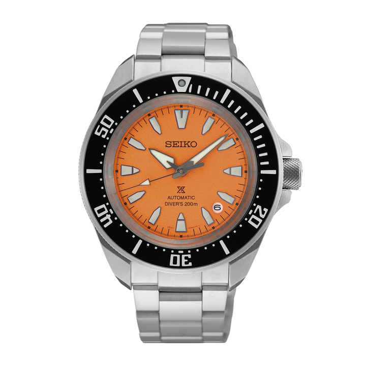 seiko prospex 2026 asia-pacific limited edition 3 hands date automatic in orange dial and stainless steel men watch front view