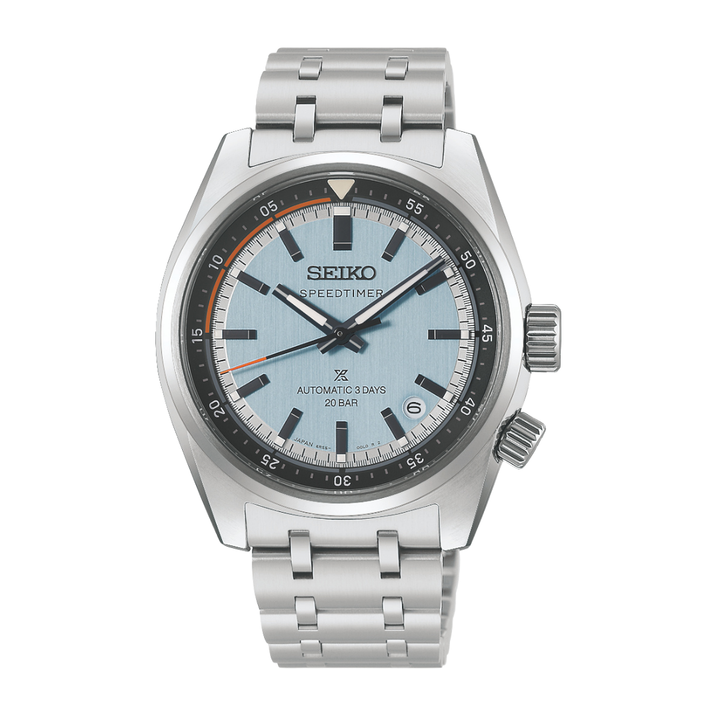 seiko prospex speedtimer 3 hands date in light blue dial and silver stainless steel automatic men watch front view