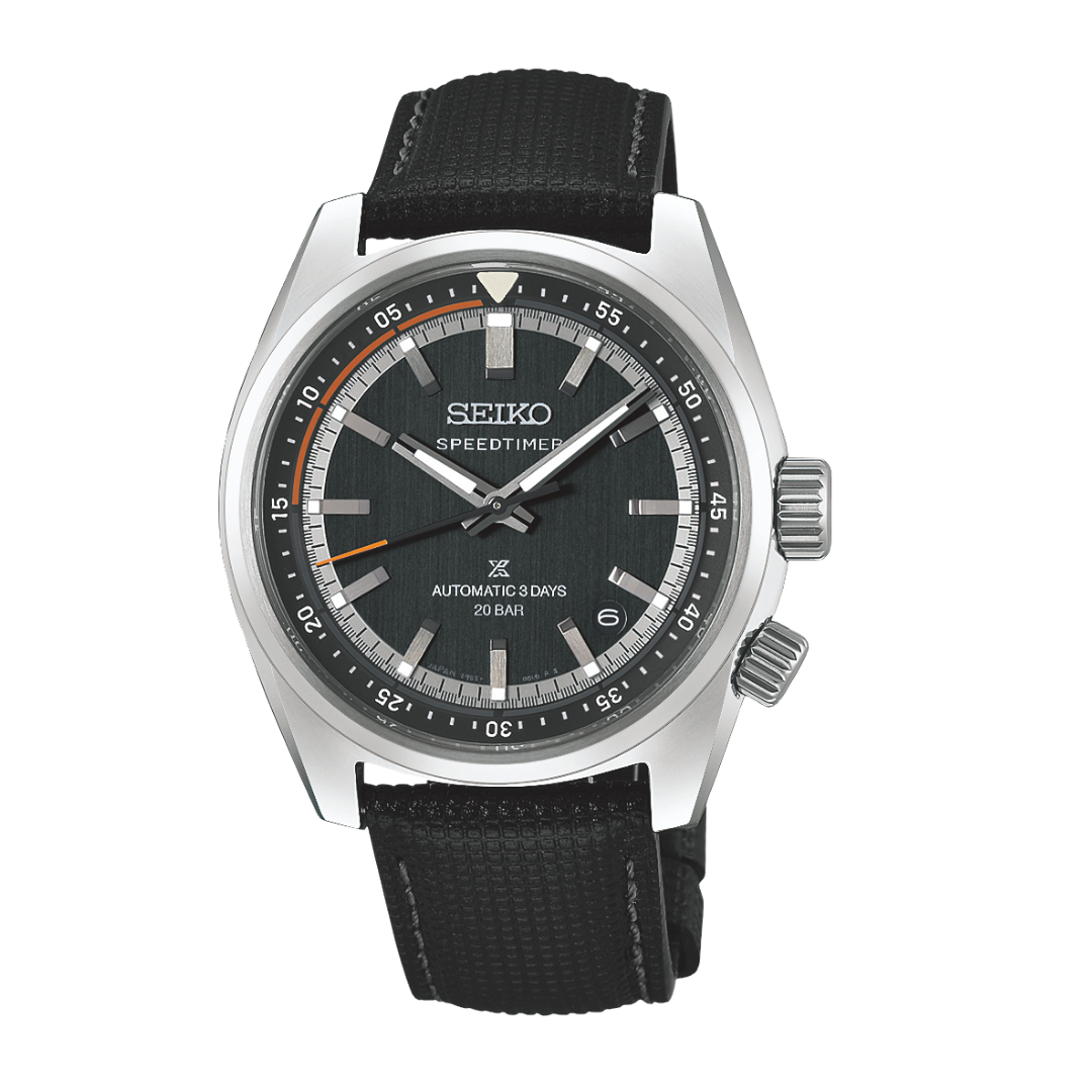 seiko speedtimer 3 hands date in blue grey dial and black leather strap automatic men watch front view 