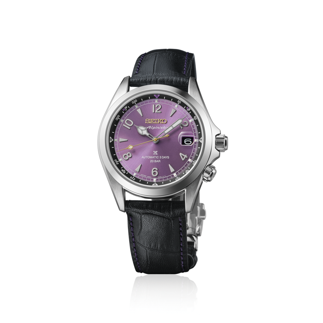 seiko alpinist 145th anniversary limited edition 3 hands date in purple dial and black leather strap automatc men watch front view
