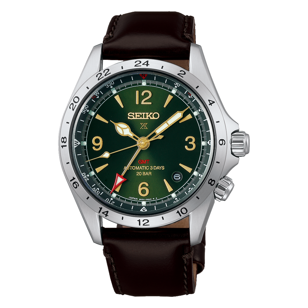 Seiko green sunray dial with brown leather strap watch front view