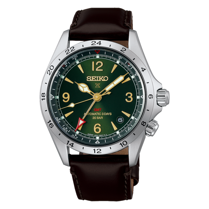 Seiko green sunray dial with brown leather strap watch front view