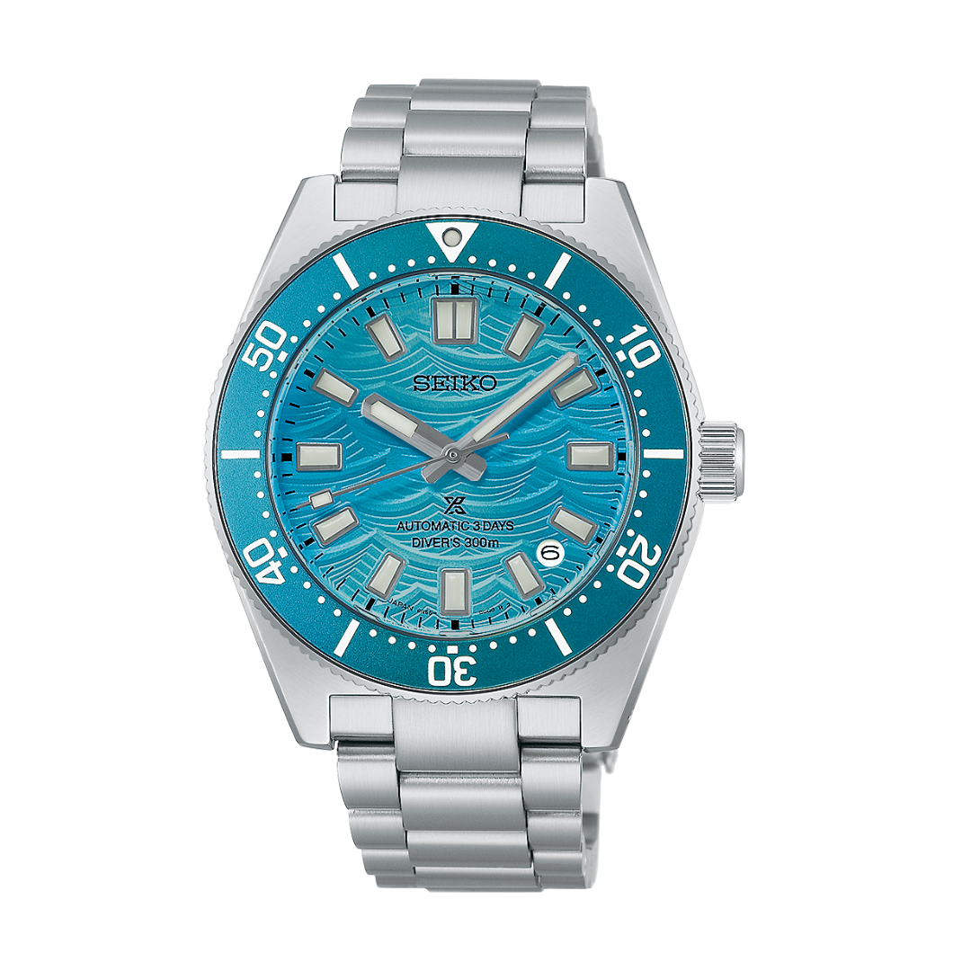 seiko prospex 1965 heritage diver’s watch fan-selected limited edition 3 hands date in blue wave textured dial and silver stainless steel bracelet automatic men watch front view