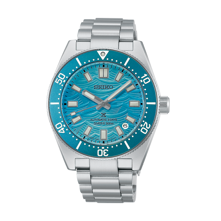 seiko prospex 1965 heritage diver’s watch fan-selected limited edition 3 hands date in blue wave textured dial and silver stainless steel bracelet automatic men watch front view