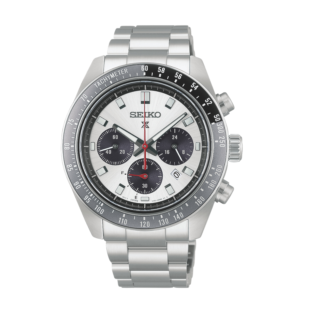 seiko prospex solar speedtimer chronograph in silver dial and stainless steel bracelet men watch front view